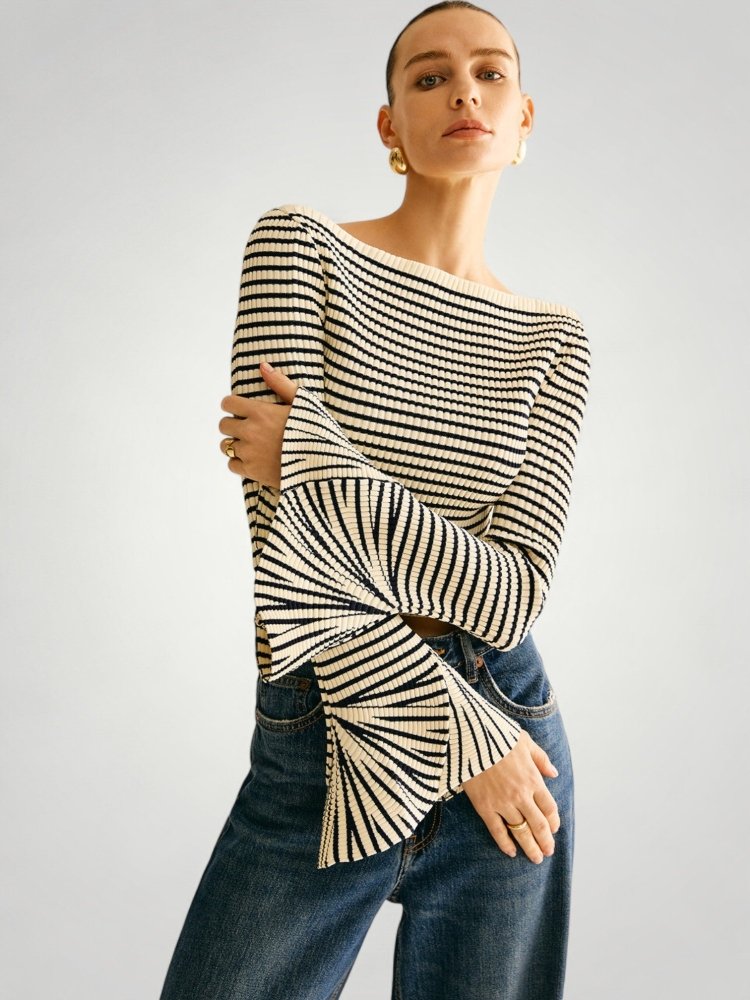 Eleganter Schulterpullover mit Streifen und Komfort - Aurivio Mode