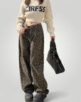 Hohe Taille Flared Jeans mit Leopardendruck - Aurivio Mode