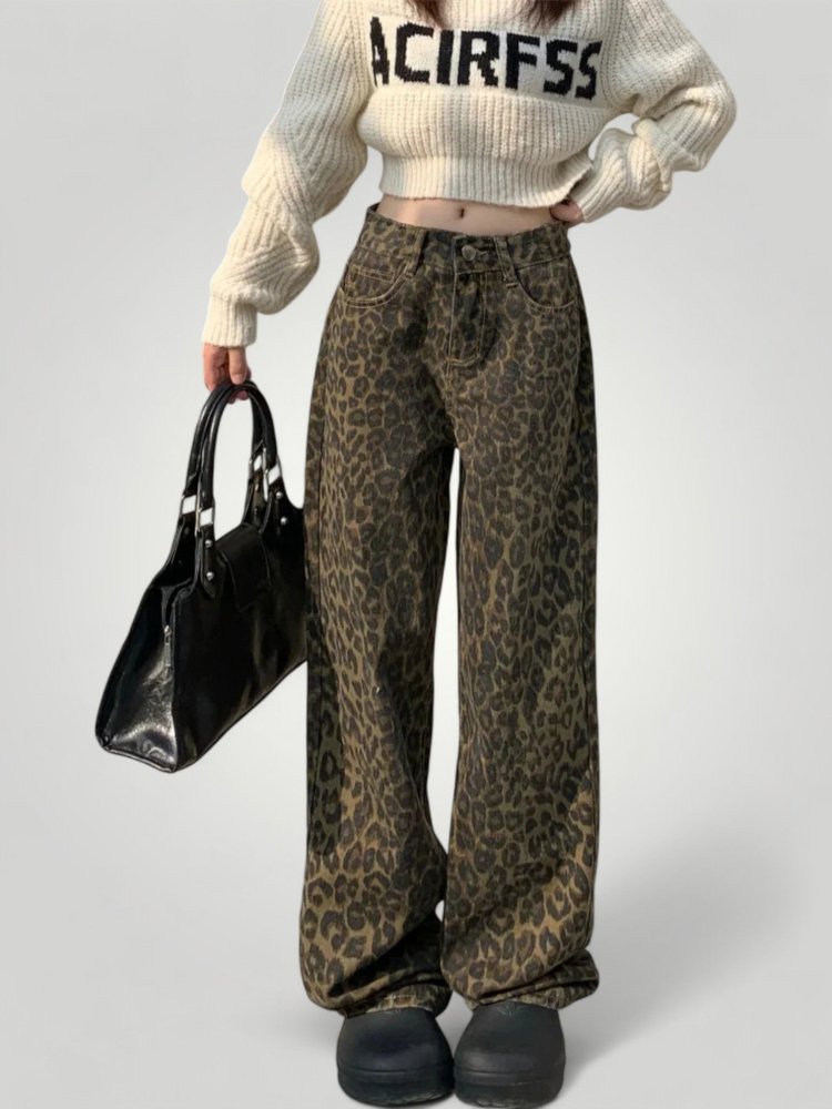 Hohe Taille Flared Jeans mit Leopardendruck - Aurivio Mode